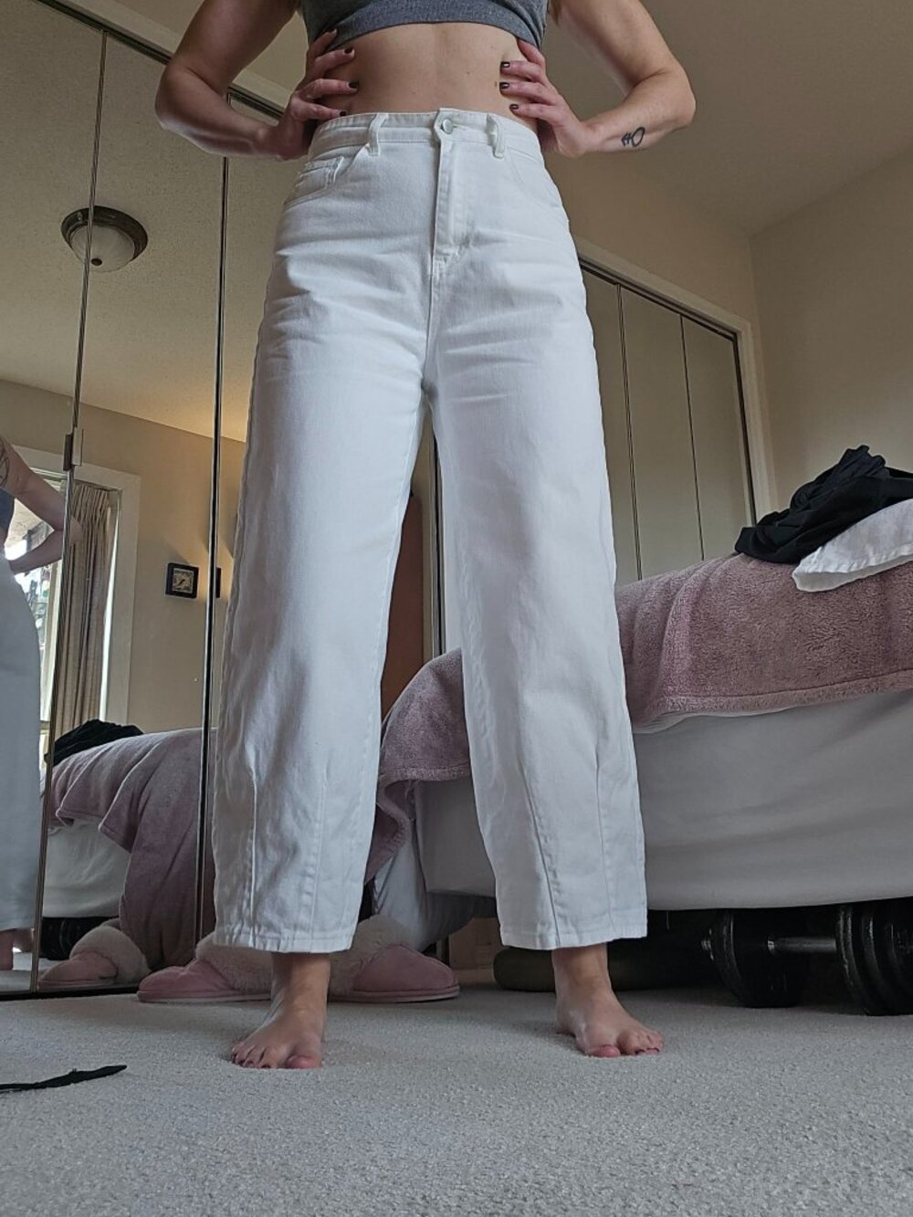 High-Waisted White 100% Cotton Denim Jeans - Barrel/Tapered Leg - Size 12